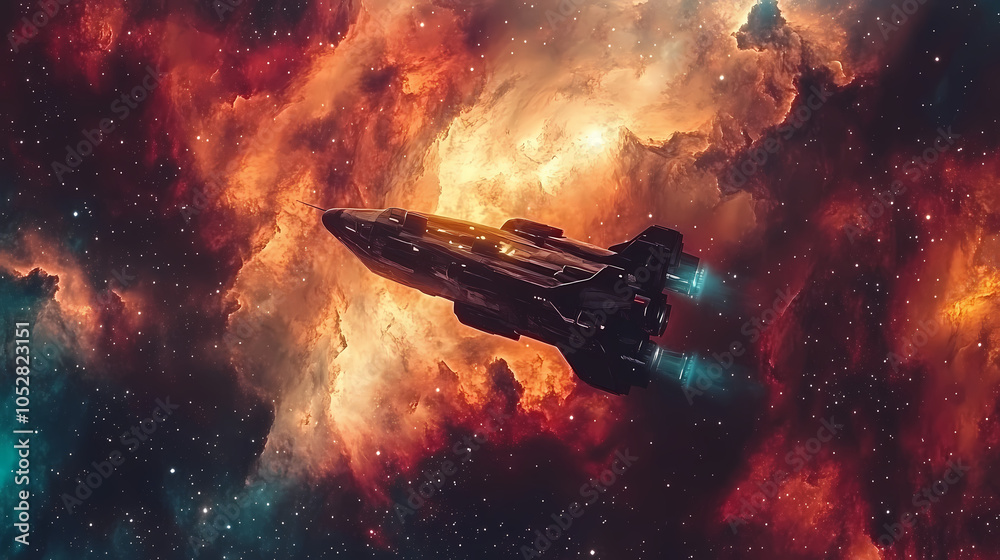 Spaceship embarking on a galactic journey through a field of vibrant nebulas and distant stars, top view, capturing the vastness of space, scifi tone, vivid colors. Galactic Nebula. Illustration Spaceship embarking on a galactic journey through a field of vibrant nebulas and distant stars, top view, capturing the vastness of space, scifi tone, vivid colors. Galactic Nebula. Illustration
