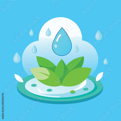 Green leaves thrive under a blue raindrop.