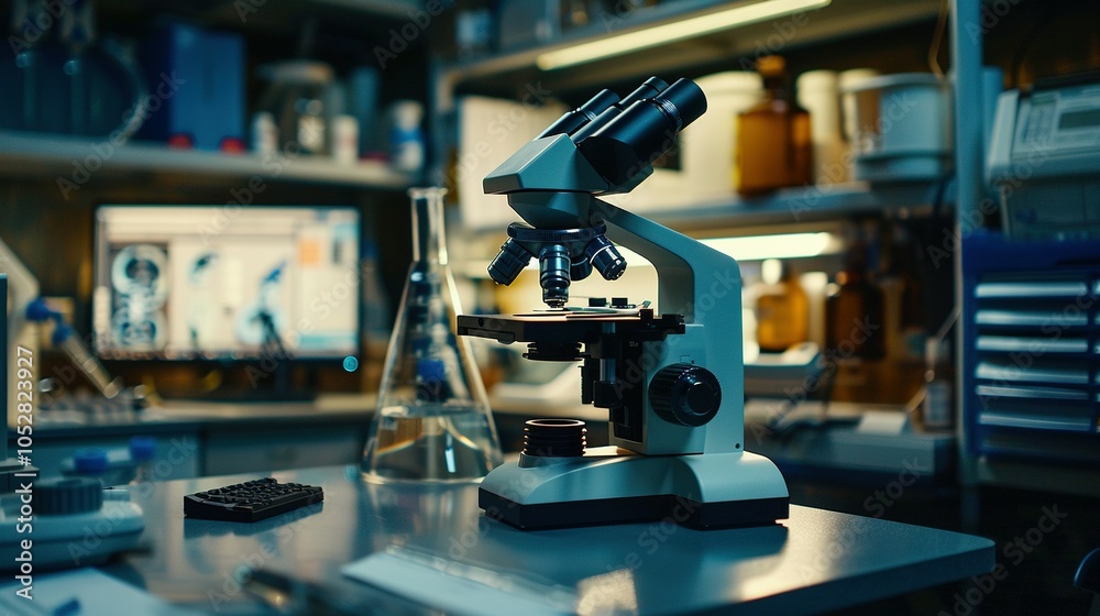 A Microscope on a Laboratory Table with a Beaker and Other Equipment A Microscope on a Laboratory Table with a Beaker and Other Equipment