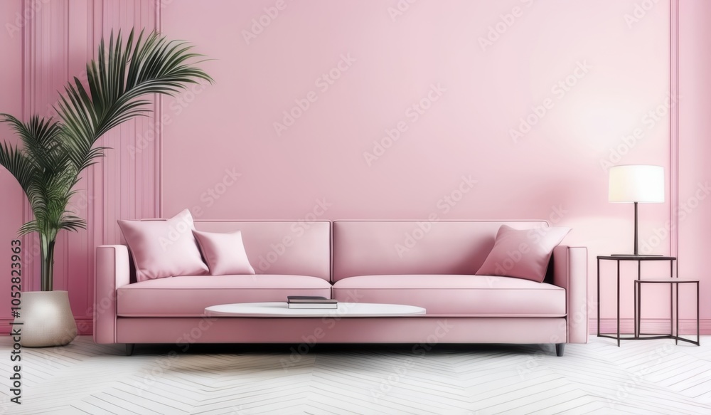 a close up of a pink couch in a living room with a plant a close up of a pink couch in a living room with a plant