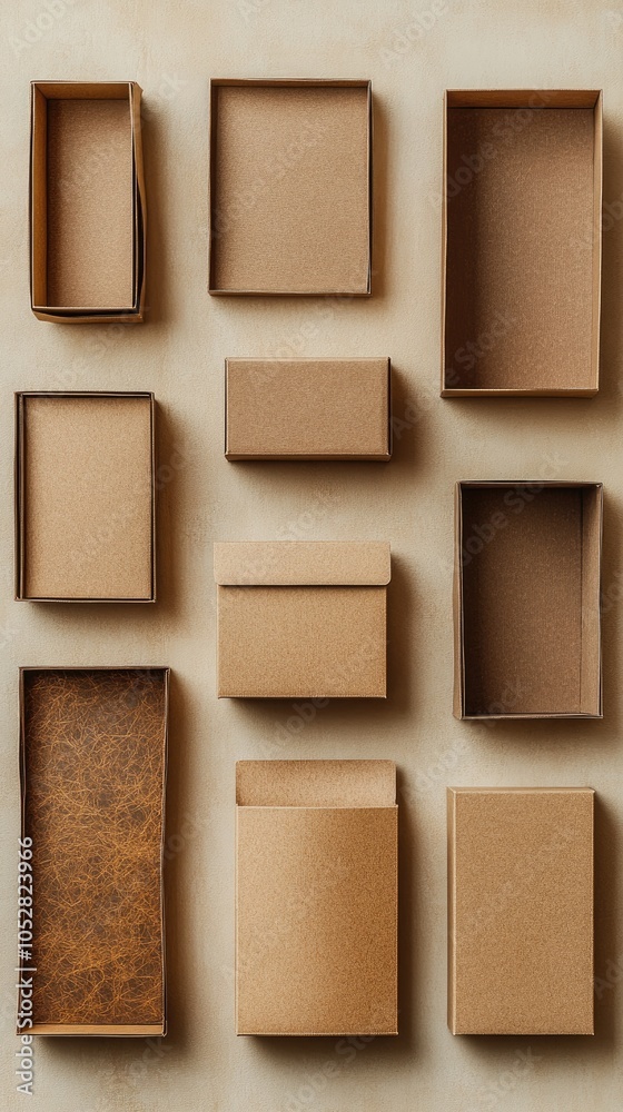 Fototapeta premium A variety of empty cardboard boxes in various sizes and shapes.
