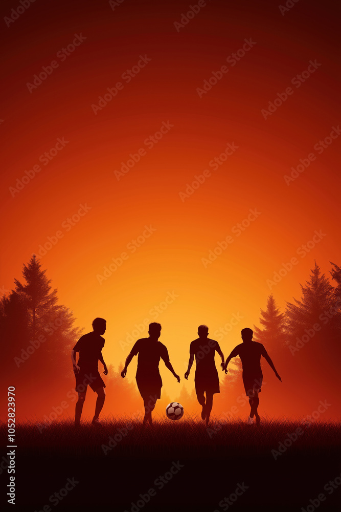 Fototapeta premium Silhouetted soccer players chased by sunset in a tranquil outdoor setting