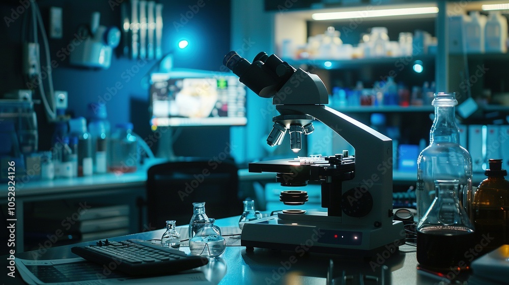 Fototapeta premium A Microscope and Lab Equipment on a Countertop in a Laboratory