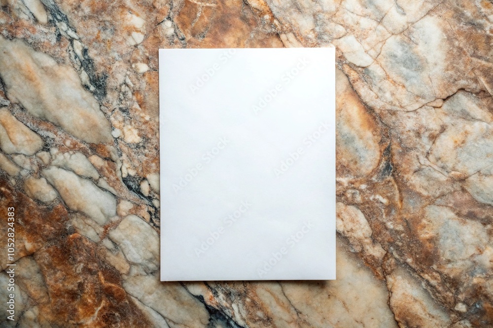 Close-up of blank art paper sheet on marble surface with rock Close-up of blank art paper sheet on marble surface with rock