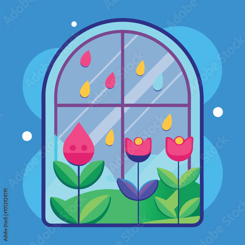 A window with raindrops and flowers