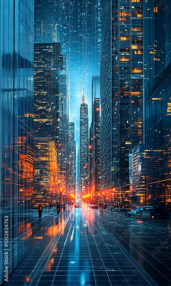 A futuristic cityscape illuminated by vibrant lights and reflections in a digital environment. A futuristic cityscape illuminated by vibrant lights and reflections in a digital environment.