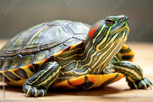 Patterned red eared slider turtle with tilted angle shell photo