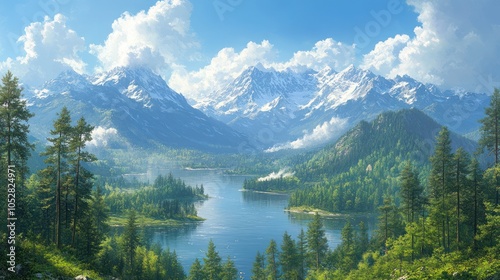 A Tranquil Lake Nestled Amidst Snow-Capped Mountains and Verdant Forests