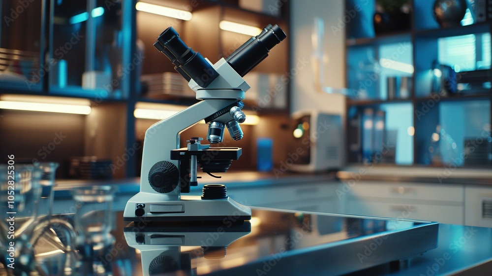 Fototapeta premium A microscope on a shiny metal table in a lab setting