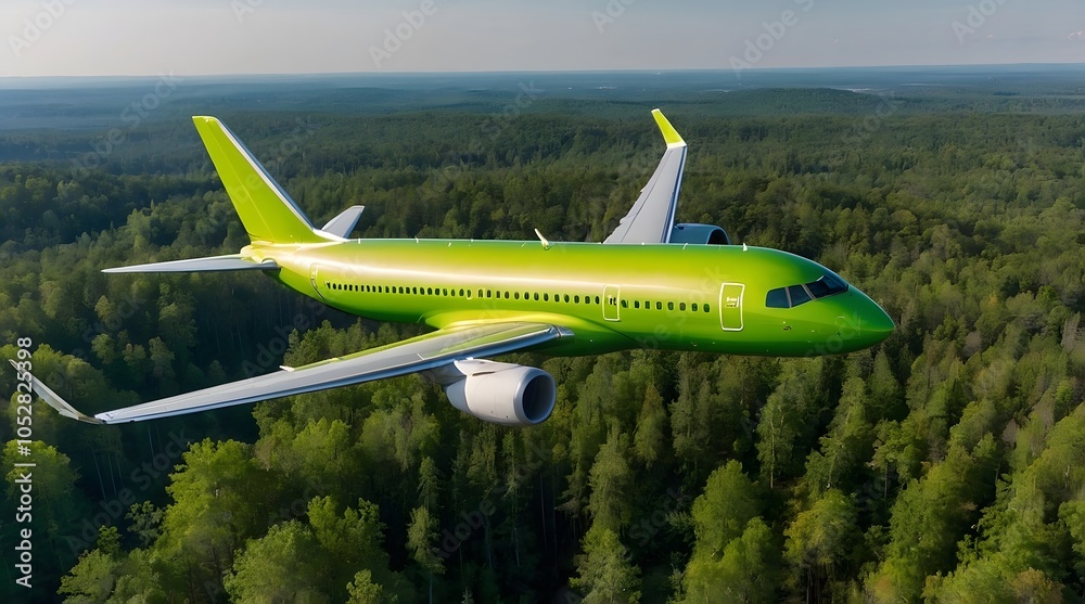 custom made wallpaper toronto digitalEco-Friendly Airplane with Green Livery Flying Over Lush Forested Landscape Under a Clear Sky