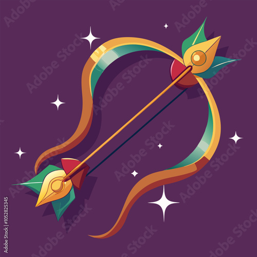 A vibrant, cartoon-style illustration of a bow and arrow, perfect for adding a touch of fantasy or mythology to your projects. This whimsical design is ideal for games, comics.