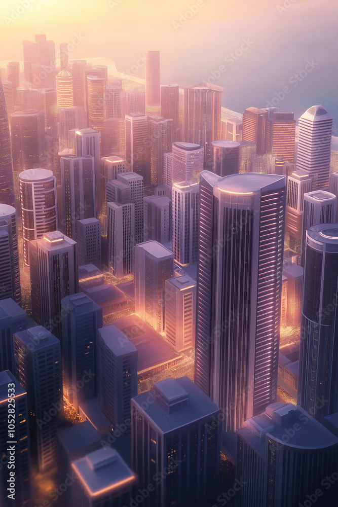 Obraz premium Aerial view of a vibrant city skyline illuminated during twilight hours