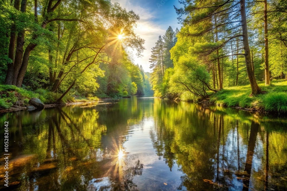 Obraz premium Peaceful nature scene of serene forest river with sunlight reflection