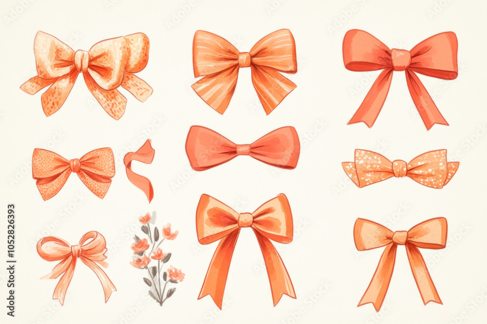 Set of orange bows on white background with soft lighting, creating a festive and cheerful aesthetic. Set of orange bows on white background with soft lighting, creating a festive and cheerful aesthetic.