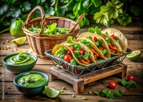 Authentic Mexican Basket Tacos de Canasta with Green Sauce on Rustic Wooden Table - Vibrant Food Photography for Culinary Enthusiasts photo