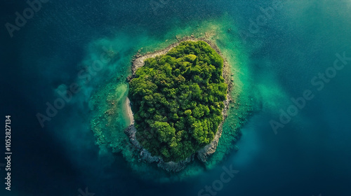 Aerial Shot of the Entire Island, Highlighting Its Small Size and Dense Forest, Surrounded by Endless Blue Ocean