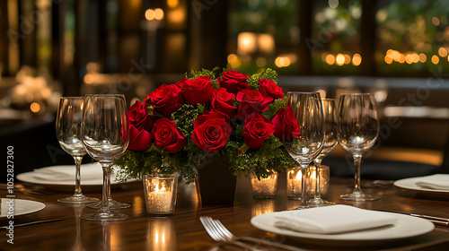 A table with a vase of red roses and wine glasses