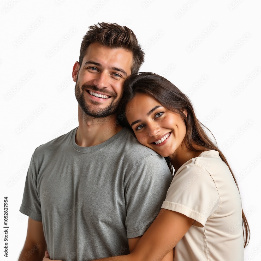 Happy couple smiling isolated on white background. The woman has her head on the man's shoulder, and both are looking at the camera Happy couple smiling isolated on white background. The woman has her head on the man's shoulder, and both are looking at the camera