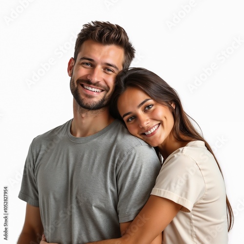 Happy couple smiling isolated on white background. The woman has her head on the man's shoulder, and both are looking at the camera