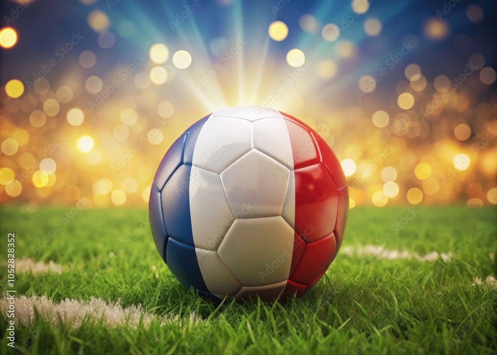 Fototapeta premium Bokeh Effect Football Match Scene with Austria vs France Flags, Soccer Ball on Green Grass, Exciting Sports Atmosphere, Perfect for Fans and Sports Enthusiasts