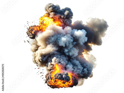 flaming explosion isolated against a clear background, accompanied by smoke