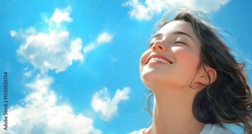 A beautiful girl smiling with her eyes closed looks up at the sky, surrounded by fluffy white clouds drifting in the blue expanse.