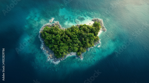 Aerial Shot of the Entire Island, Highlighting Its Small Size and Dense Forest, Surrounded by Endless Blue Ocean