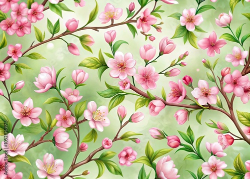 Cherry Blossom Floral Hand Drawn Seamless Pattern - Beautiful Spring Design, Pink Flowers, Nature Motif, Botanical Illustration, Background, Textile Print, Wallpaper, Art, Aesthetic