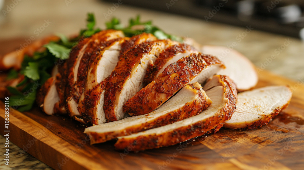 Fototapeta premium close-up view of sliced Cajun turkey on a cutting wooden board. ai