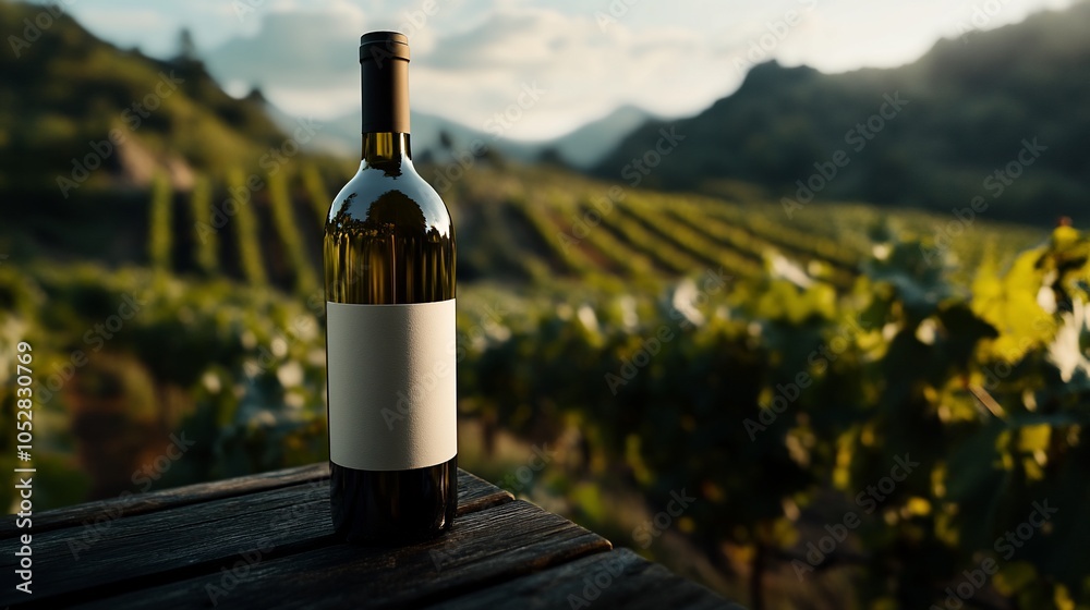 Fototapeta premium A bottle of wine on a wooden table in a vineyard at sunset.