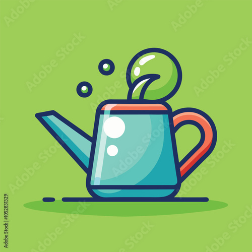 Cute cartoon watering can with a growing sprout.