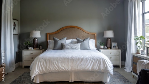 A bedroom with a grey wall and a white bed with a wooden headboard. The bed is made with white sheets and has grey pillows