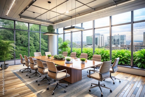 Contemporary Office Meeting Room Design with Glass Walls and High Depth of Field, Modern Workspace, Collaborative Environment, Minimalist Aesthetic, Professional Atmosphere