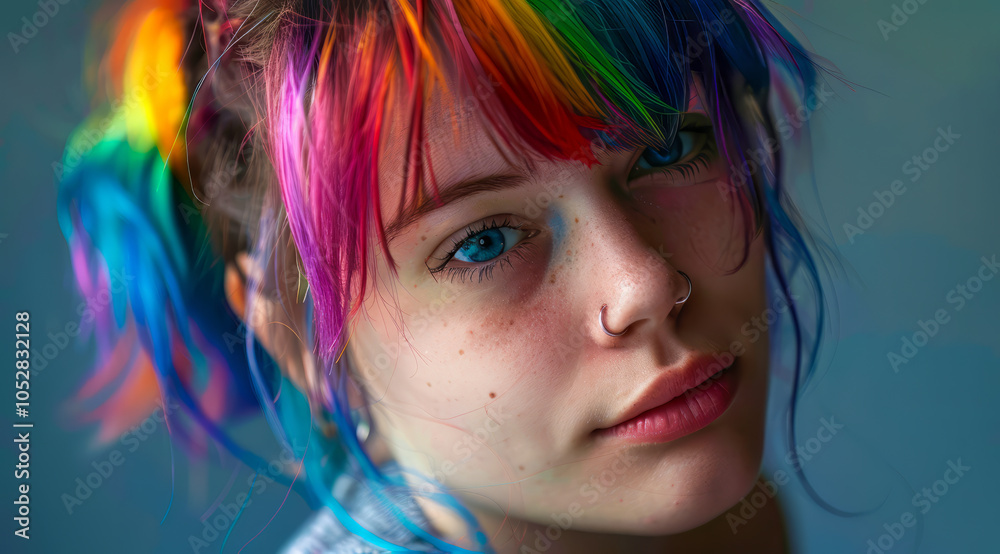 Portrait of a lesbian LGBTQ young lady with colored rainbow hair and piercings Portrait of a lesbian LGBTQ young lady with colored rainbow hair and piercings