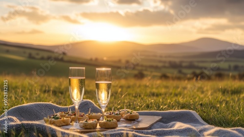 Two glasses of champagne are on a blanket in a field photo