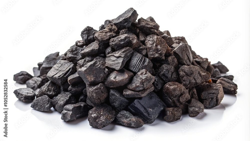 Pile of coal isolated on white background, high angle view Pile of coal isolated on white background, high angle view