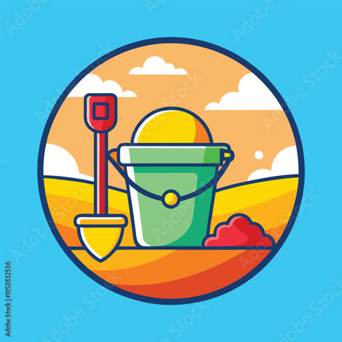A yellow bucket and shovel on the beach.
