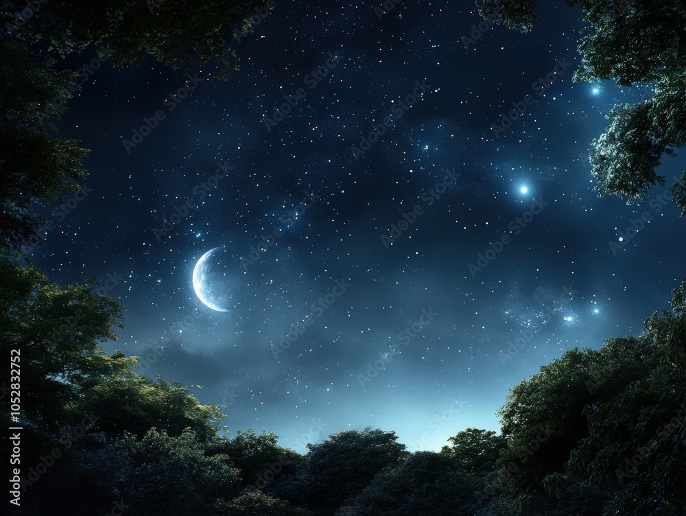 Fototapeta premium A serene night sky filled with stars and a crescent moon, framed by dark silhouettes of trees, creating a tranquil atmosphere.