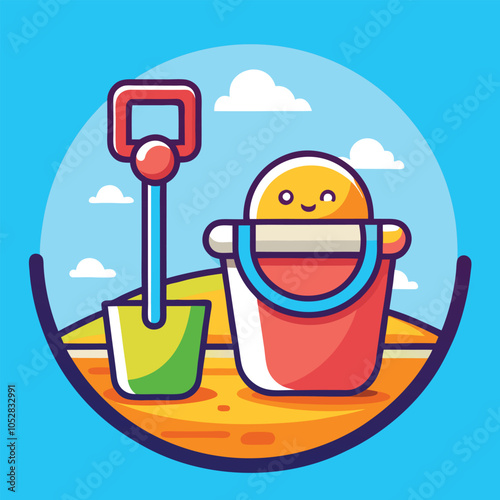 A cute illustration of a beach pail and shovel.