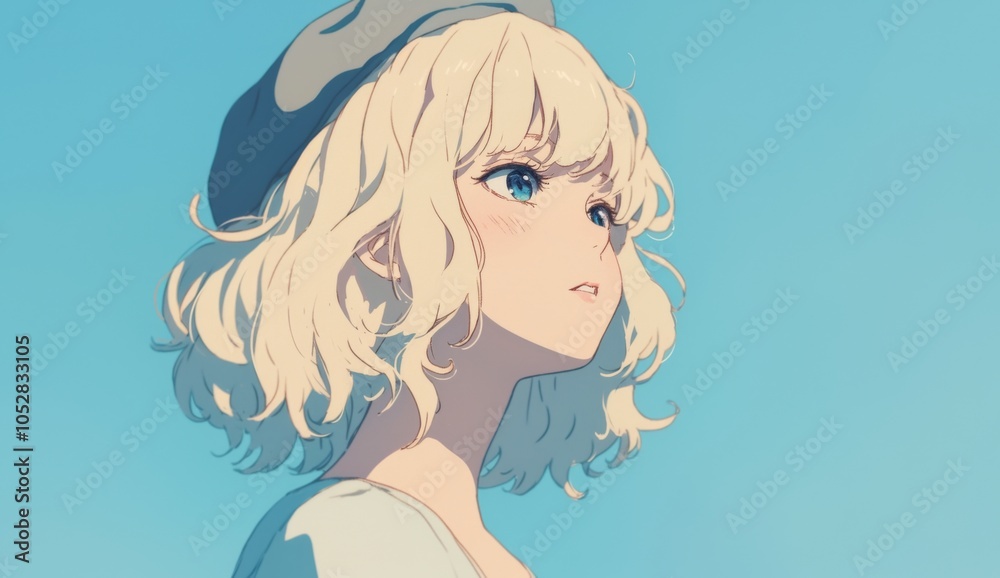 A blonde girl with shoulder-length hair and bangs, wearing an old-fashioned hat, sits in profile with a sad expression, gazing at the sky. A blonde girl with shoulder-length hair and bangs, wearing an old-fashioned hat, sits in profile with a sad expression, gazing at the sky.