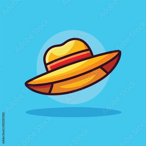 A yellow sun hat with a red band.