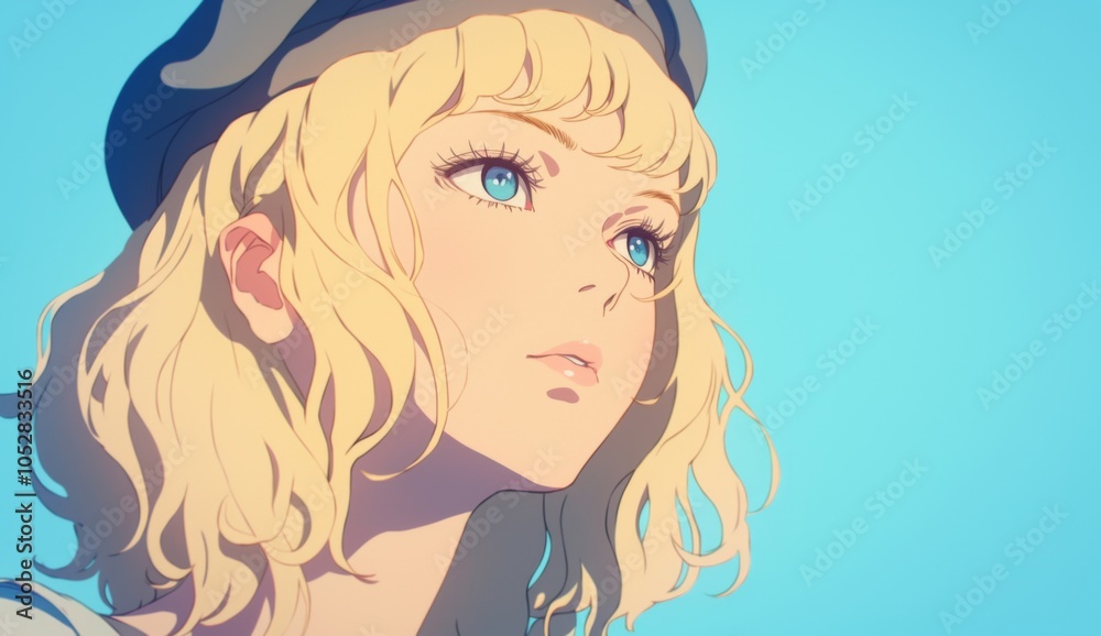 A blonde girl with shoulder-length hair and bangs, wearing an old-fashioned hat, sits in profile with a sad expression, gazing at the sky. 