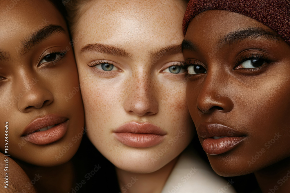 Three diverse women showcasing beauty and confidence in a close-up portrait Three diverse women showcasing beauty and confidence in a close-up portrait