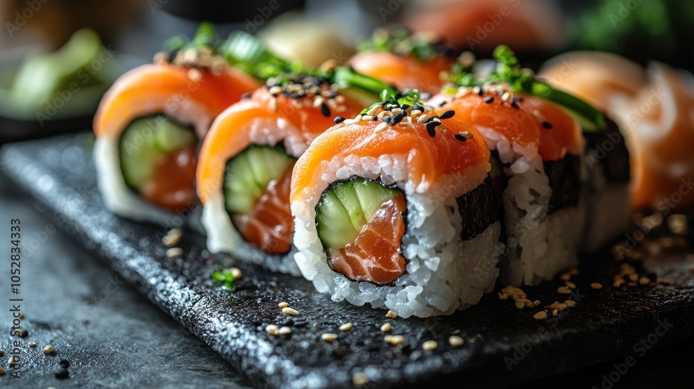 Fresh sushi rolls with salmon, cucumber, and sesame seeds. Fresh sushi rolls with salmon, cucumber, and sesame seeds.