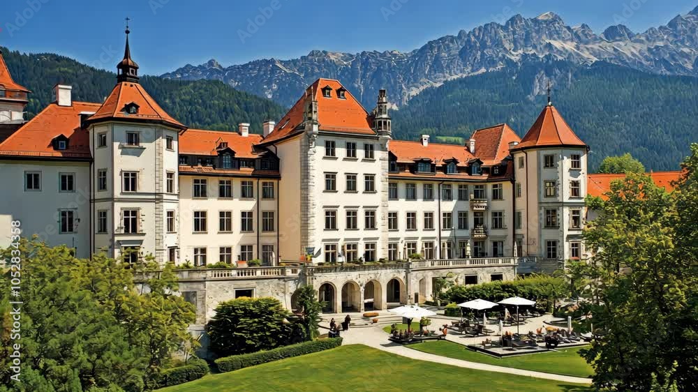 A large, white castle with red roofs sits in front of a mountain range on a sunny day A large, white castle with red roofs sits in front of a mountain range on a sunny day