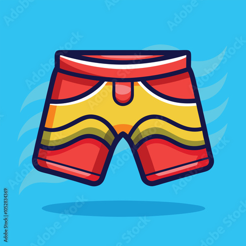 Red and yellow swim trunks on a blue background.