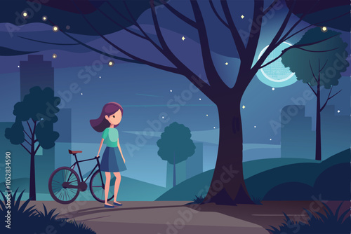 vector lonely girl with bike standing near tree