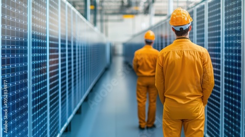 Two workers in yellow uniforms and helmets walk through a high-tech storage area filled with organized panels, emphasizing a futuristic industrial environment.