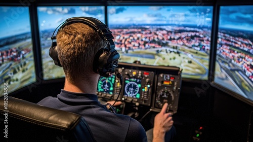 Pilot in a flight simulator training for a landing
