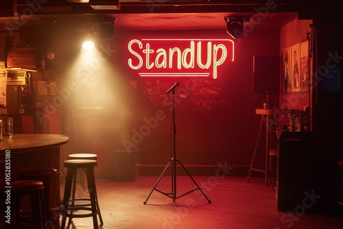 A comedy stage with a spotlight, microphone, and a vibrant neon sign illuminated in a cozy club environment during an evening performance photo